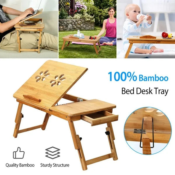 Bamboo Laptop Desk & Bed Tray – Foldable Breakfast Serving Tray with Adjustable Tilt Surface & Legs