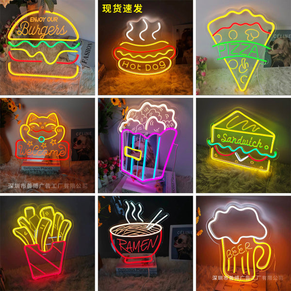Food LED Neon Sign – Hamburger, Pizza & Fries Neon Light for Bedroom, Bar, Restaurant & Room Decor